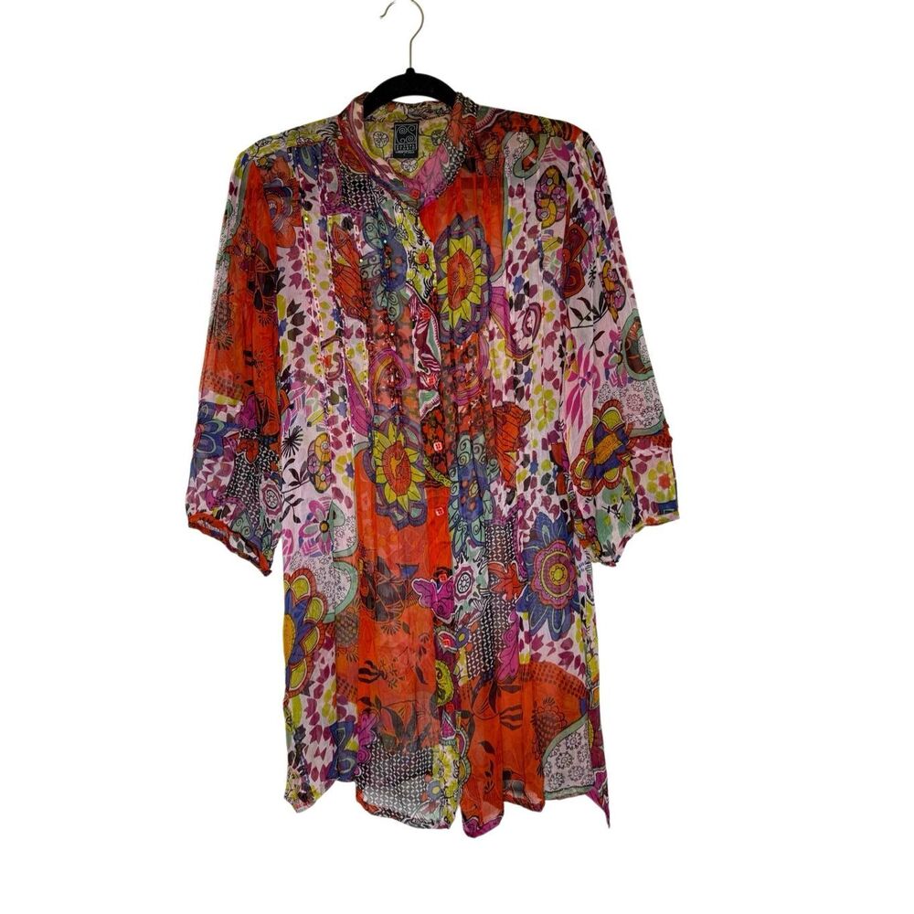 Casual Studio Top Multicolor Patchwork Look Semi Sheer Size L Whimsical, Retro
